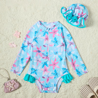 Maillot de bain une pièce imprimé mignon pour filles, manches longues, fermeture éclair sur le devant, protection contre les éruptions cutanées, maillot de bain de plage pour enfants