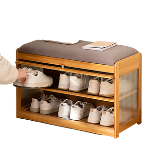 Banc de rangement à chaussures moderne en bambou transparent à 2 niveaux avec coussin pour salon, entrée, chambre et couloir - Product Image 1