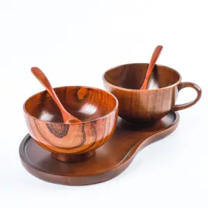Neue Design benutzer definierte natürliche Jujube Holz Tasse mit Tablett und Löffel Holz Kaffee Tee Tasse Set