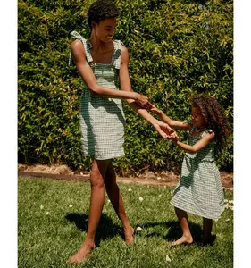 Hot Sale Mom And Daughter Dress Adjustable Straps Ruffle Edged Mommy And Me Clothes Mother Daughter Gingham Dresses