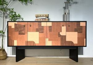 Premium Mixed Wood Patchwork <b>Sideboard</b> 4-Door Abstract Art Design Large <b>Storage</b> Modern Credenza For Living Room Dining Room - Product Image 4