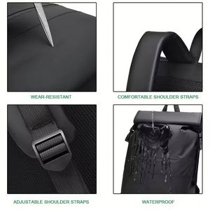 Sac à dos décontracté pour homme, nouveau style, en cuir PU imperméable, avec fermeture roll-top, idéal pour l'école, l'université, les voyages et le sport, avec compartiment pour ordinateur portable - Product Image 5