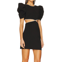 Vêtements pour femmes personnalisés à la mode, mini robe de soirée noire moulante sexy à manches courtes et bouffantes découpées avec bordure en fausse perle