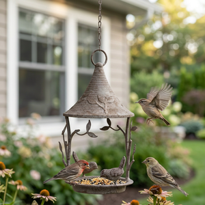 Ak Brass Wilderness Lantern Style Acabado recubierto en polvo y dos pequeños pájaros comiendo Metal Birds Feeder - Product Image 2