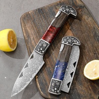 Set Pisau Dapur Jepang Santoku Chef Damascus Lipat dengan Sarung Kulit untuk Berkemah dan Persiapan Makanan