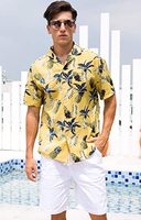 Kemeja Pria Trendi, Kemeja Tropis Hawai Pria dengan Kerah Turun Baju Liburan Pantai Motif Bunga Kasual Kancing Lengan Pendek