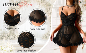 Wanita 2 buah Lingerie jaring renda Set gaun Babydoll seksi dengan pakaian dalam tali tembus pandang untuk acara intim cocok nyaman - Product Image 5