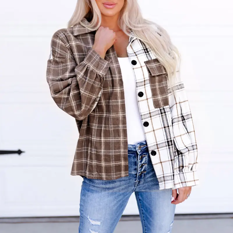 Mode lässig Revers Farbe Kontrast gedruckt Plaid Jacke Langarm Damen Flanell hemd