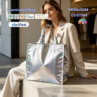Sac fourre-tout réutilisable en non-tissé personnalisé Huahao, sac fourre-tout pour vêtements en non-tissé, sac de shopping en non-tissé métallisé argenté laser