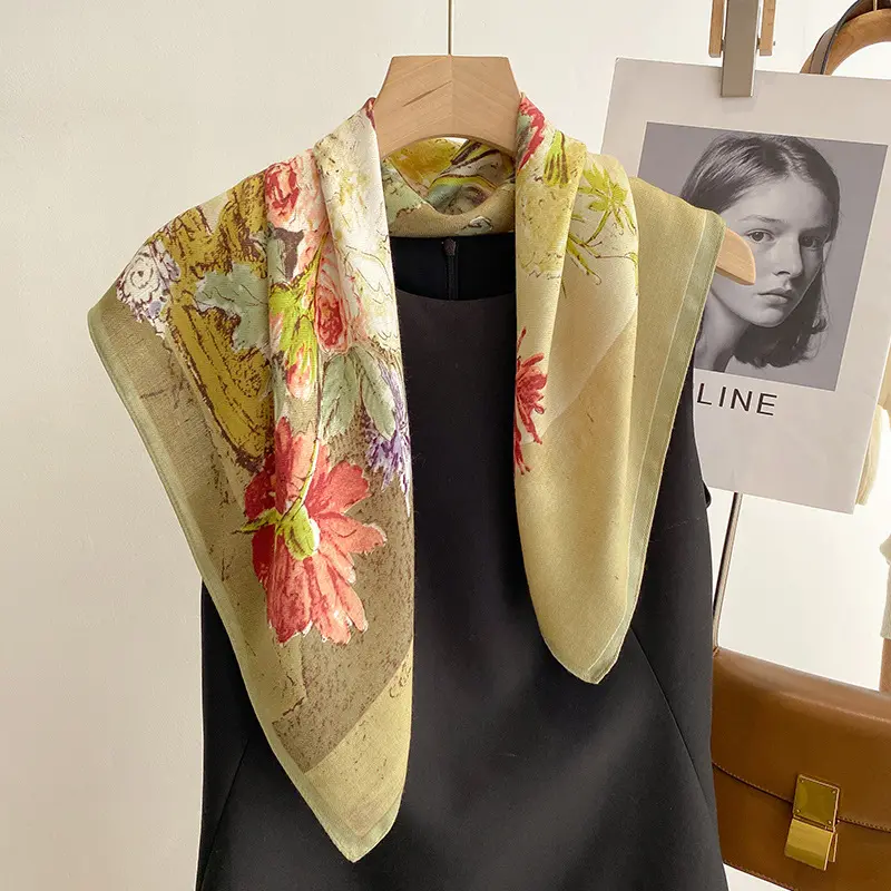Bufandas de viscosa con estampado de flores de estilo retro bufanda cuadrada de espiga para mujer pequeña 70*70CM patrón Floral bufanda de cuello de algodón chal
