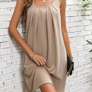 Solid color pleated dress women's loose U-neck strap A-line <b>skirt</b> sling was thin - Product Image 1