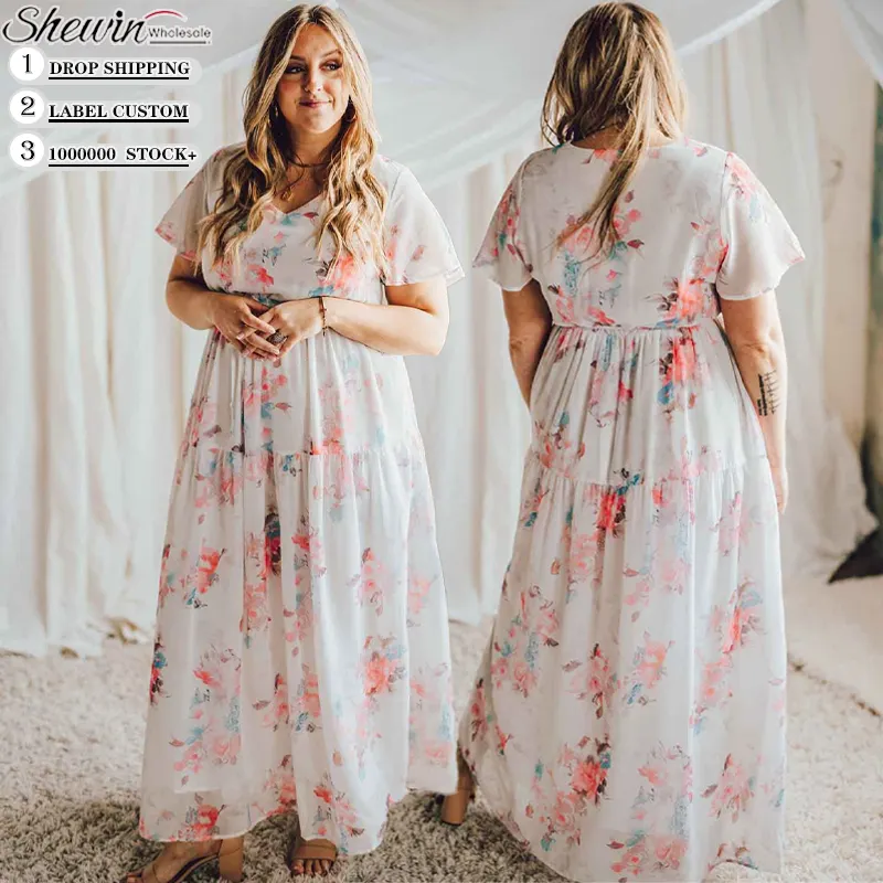 Wholesale Boutique Fat Women Big Size Elegant Boho Floral Print Long Dresses Sexy Ladies Maxi Plus Size Dress