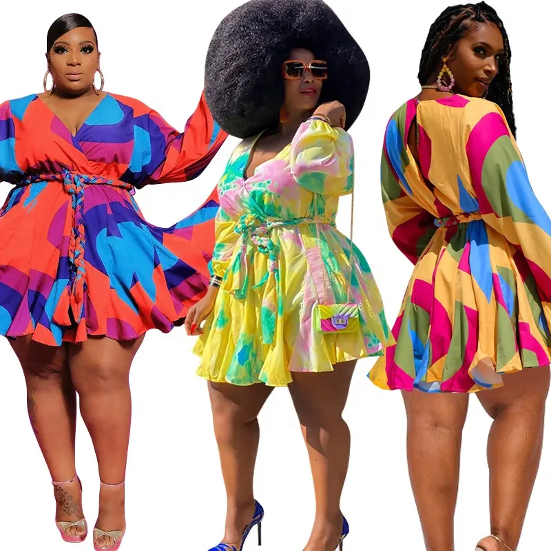플러스 사이즈 드레스 여성 아프리카 의류 Vestidos 섹시한 여러 가지 빛깔의 인쇄 v 넥 긴 소매 새시 봄 미니 파티 드레스