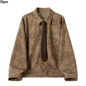 Chemises boutonnées surdimensionnées à manches longues en velours côtelé jacquard floral pour hommes, style vintage, avec cravate, marque privée - Product Image 1
