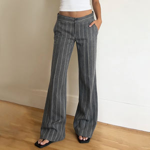 Pantalons de travail pour femmes, rayés, contrastés, à jambes larges, style minimaliste, décontractés, tendance, pour le bureau - Product Image 2