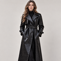 Vente en gros usine Manteau trench en cuir de mouton noir gaufré crocodile pour femme, longueur maxi, avec ceinture à boucle, veste d'extérieur d'hiver