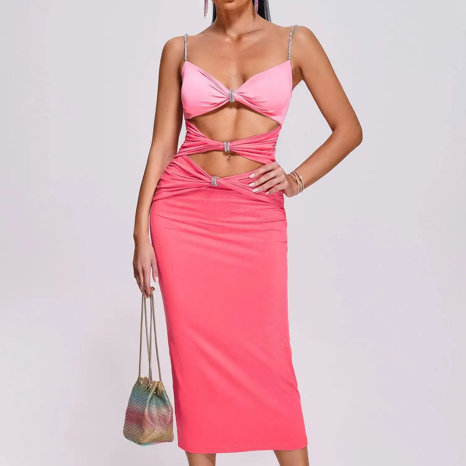 Bella Barnett Luz Rosa Chique Contraste Sexy Rhinestone Oco Out Mulheres Party Club Cocktail Midi Bodycon Dress