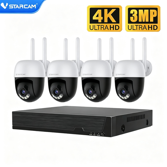 Vstarcam N8-4 4CH 3MP NVR Kit 4x Outdoor Dome IP66 4K HDMI H.264 Audio Recording 10TB HDD Support Bulk Supply Wholesale Price