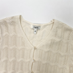 Women's Casual Vintage Solid Computer Knitted Embossed Breathable Spring Regular <strong>Length</strong> Thin Hollow V-neck Cotton <strong>Full</strong> <strong>Cardigan</strong> - Product Image 5