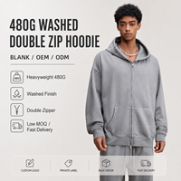 Sweat à capuche 480 GSM à double fermeture éclair, effet délavé vintage, en coton French Terry, épais, style streetwear, vente en gros
