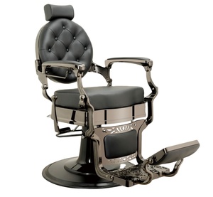 Sillón de Barbería de Estilo Antiguo en Cuero Negro y Dorado con Botones, Base Redonda con Bomba Hidráulica, Silla de Peluquería - Product Image 2