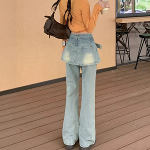 Pantalon droit taille haute rétro style industriel américain pour femme, effet deux pièces avec rideau décoratif - Product Image 4