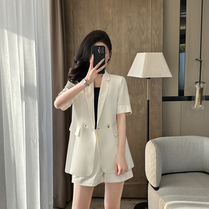 Women's Short Sleeve Blazer Set Summer Lightweight Breathable Woven Office Lady Suit Shorts Two Piece Professional Workwear - Product Image 3