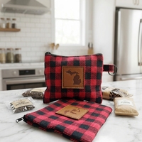 Bolsa con Cierre de Cremallera a Cuadros Rojos y Negros Personalizada con Parche de Cuero PU Grabado, Monedero Pequeño para Regalo Promocional