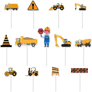 Décoration pour Cupcake Toppers de Construction pour Enfants, Fournitures de Fête d'Anniversaire, Baby Shower, Dumper, Camion, Pelle, Tracteur, Décoration, 13 Pièces