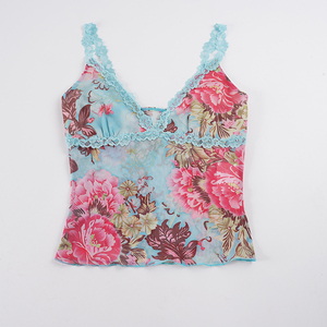 Top Corto de Verano Vintage con Cuello en V, Bloques de Color, Encaje Floral, Ajuste Delgado y Cintura Ceñida, Estilo Ins para Vacaciones - Product Image 6
