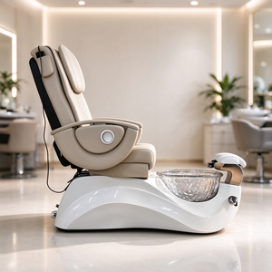 Sillón de Pedicura de Lujo para Spa y Salón de Uñas, Estación de Masaje y Pedicura, Sillón de Pedicura de Cuero Beige con Tazón de Vidrio y Accesorios Dorados - Product Image 3