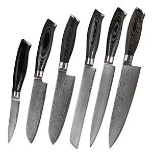 Faca De Cozinha De Aço Damasco Premium Set Com Pakka Handle De Madeira 6pcs Kitchen Knife Set