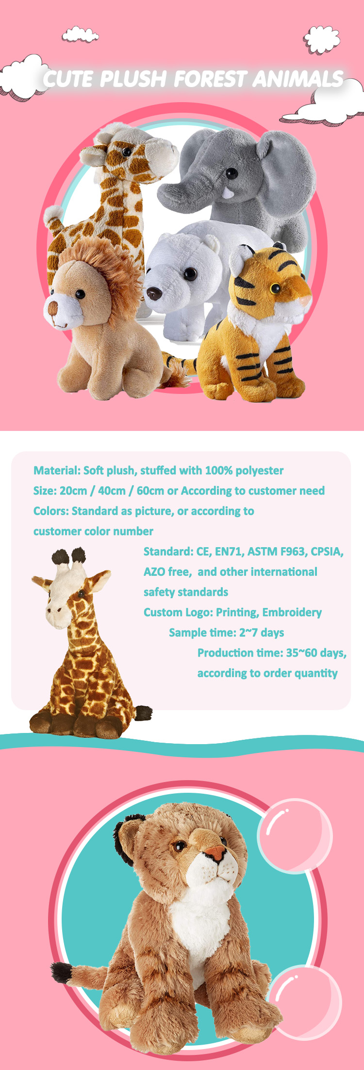 newest custom jungle animal toys soft stuffed fox raccoon giraffe elephant plush toy