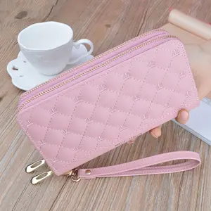 2021 PU Mädchen koreanischen Stil niedlichen Bonbon Farbe Doppel reiß verschluss lange Geldbörse Geldbörse Karten halter mit Anhänger für Frauen