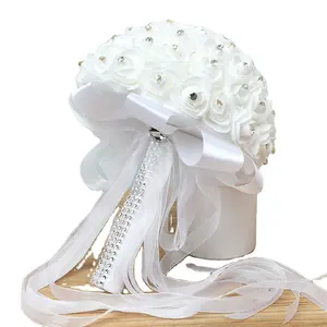 White Hand Foam Flower Bouquets Crystal Pearl Roses Bridal Wedding Bouquet Artificial Flowers with Soft Ribbons