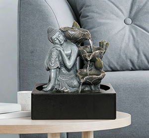 <span class=keywords><strong>Fontaine</strong></span> Bouddha en argent avec cascade de feuilles de lotus, éclairage LED et <span class=keywords><strong>bassin</strong></span> carré imitation pierre <span class=keywords><strong>pour</strong></span> décoration zen - Product Image 6