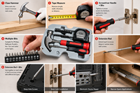 Kit d'outils de réparation portable pour la maison avec marteau, ruban à mesurer, tournevis, rallonge de poignée et embouts pour l'assemblage de meubles