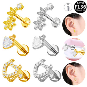 Heart-Shaped <b>Titanium</b> <b>Stud</b> Earrings With Diamond Inlay For Women Everyday Wear 1.2*83mm ASTM F136 - Product Image 1