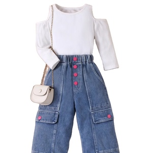 <span class=keywords><strong>Abbigliamento</strong></span> per bambini di compleanno stile coreano Pullover e pantaloni con spalle scoperte da ragazza Set di due pezzi completo in Denim alla moda per bambini 6Y - Product Image 2