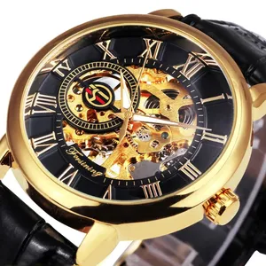 2021 Top Merk Luxe Winnaar Horloge Mechanische Gouden Horloge Heren Horloges Mannelijke Skeleton Lederen Forsining 3d Holle Graveren