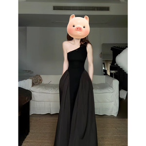 Korean Style Asymmetrical Neckline Pleated Long Dress Black Fitted Waist Evening Dress For Tourism Leisure Beach Daily Dating - Product Image 1