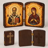 Icône orthodoxe en bois, diptyque, Saint Nicolas le Miracleur et Notre-Dame des Douleurs, icône religieuse de prière pour table