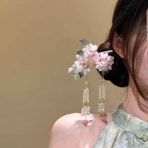 กิ๊บติดผมสไตล์โบราณประดับดอกไม้ฮั่นฝู พร้อมพู่มุกหรูหรา สไตล์จีนสำหรับผู้หญิง กิ๊บติดผมประดับดอกไม้มุกพู่ห้อยสำหรับมวยผม - Product Image 1