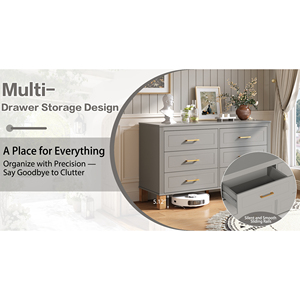 6 <b>Drawer</b> Double Dresser Gray Modern <b>Storage</b> Cabinet Metal Handles Solid Wood Legs Dresser <b>Drawer</b> Organizer <b>for</b> Kids - Product Image 6