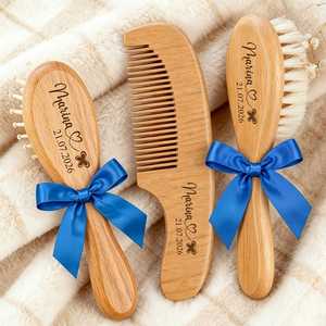 3Pcs Personalised <b>Wooden</b> Hairbrush Set, Custom Engraved Name Baby Brush, Soft Goat <b>Wool</b>, Birth Keepsake Gifts, New Mom Gift - Product Image 3