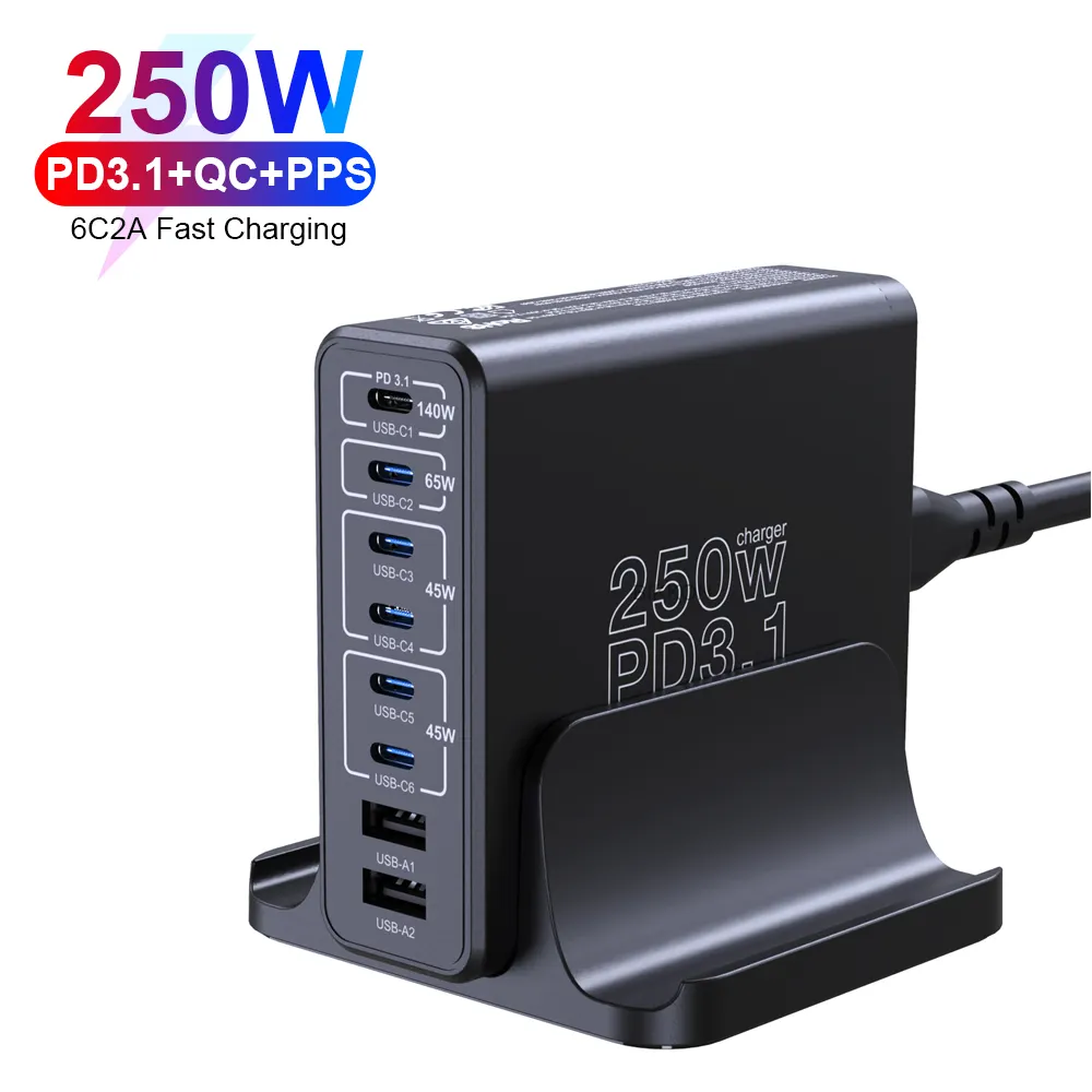 Caricatori multifunzione ad alta potenza PD3.1 140W 250W 8 porte più USB C caricabatterie da tavolo per stazione di ricarica telefonica LOGO OEM