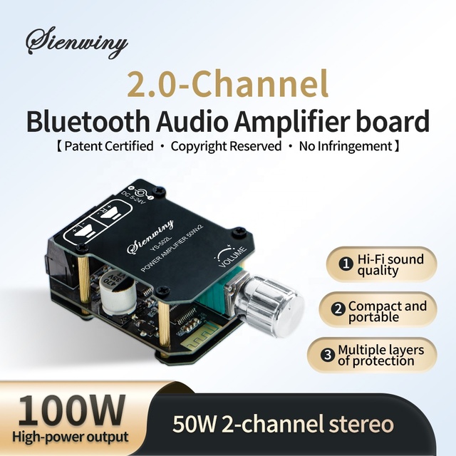 YS-502L 100W BT Audio Amplifier Board 2 Channel 50W*2 Stereo Hi-Fi Digital Amp Module, Compact BT AUX Input for DIY Speaker