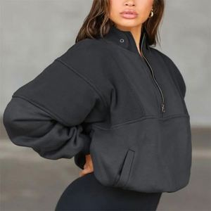Pull molletonné pour femme à manches longues, coupe ample, style Hip Hop, en molleton bouclette beige uni, avec broderie printanière et col montant - Product Image 1