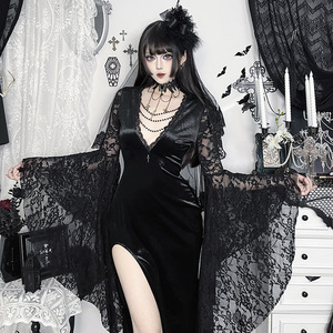 <span class=keywords><strong>Abbigliamento</strong></span> gotico abito Slim da donna con colletto V e maniche svasate in pizzo nuovo abito lungo nero - Product Image 3