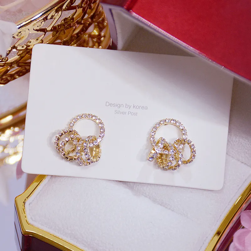 Women Geometric Diamond Earrings Creative New Designs Gold Plated Circle Multi-ring Geometric Full Diamond Ear Hoop Earrings